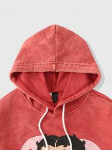 ROMWE MEN Betty Boop | ROMWE Men Cartoon Figure Graphic Hooded Long Sleeve Pullover Sweatshirt, Fall - Red - View 3