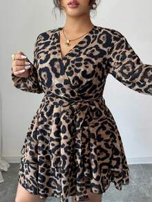 SHEIN Clasi Celure Plus-Size Retro Leopard Print Printed V-Neck Long-Sleeved Casual Mini Dress Suitable For Dates, Commutes And Daily Wear Fall Cloth For Women - Coffee Brown - View 4