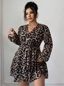 SHEIN Clasi Celure Plus-Size Retro Leopard Print Printed V-Neck Long-Sleeved Casual Mini Dress Suitable For Dates, Commutes And Daily Wear Fall Cloth For Women - Coffee Brown - View 5