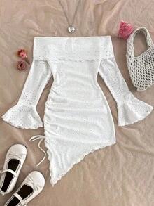 SHEIN Tween Mädchen Kleid, figurbetont, Lässig, minimalistisch, bequem, mit asymmetrischem Saum und Schulterausschnitt, Langarm