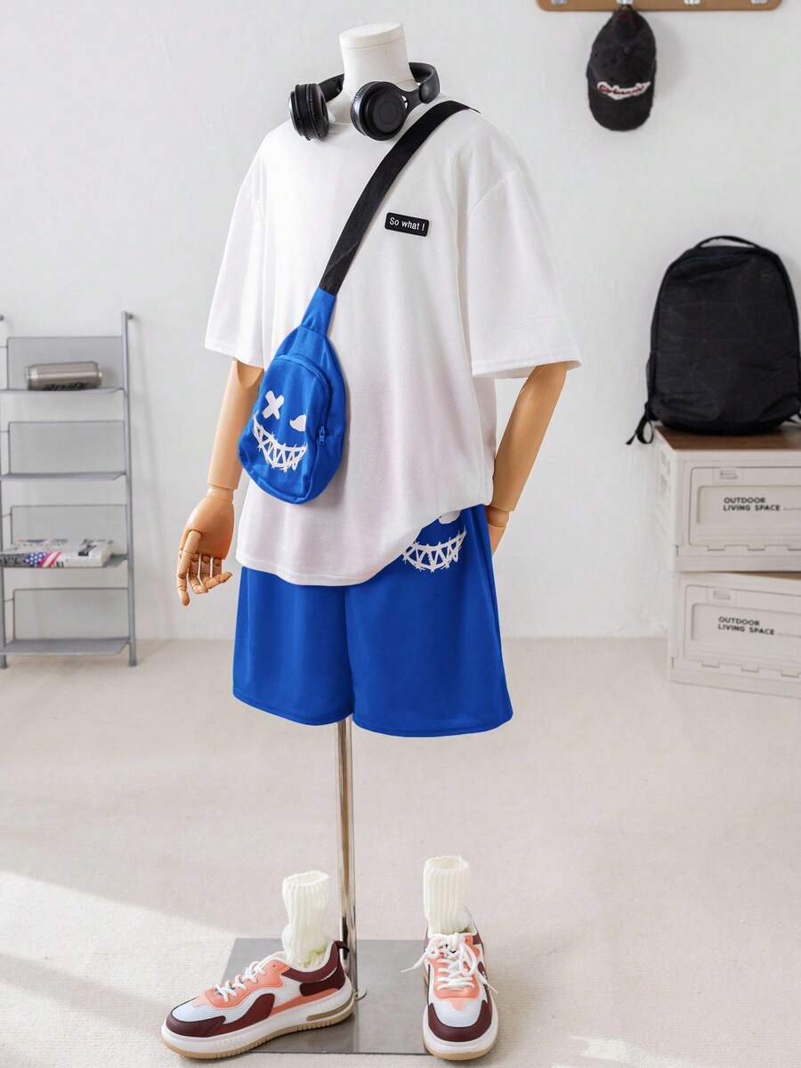 SHEIN 3 件套青少年男孩运动休闲学院风短袖上衣、短裤和斜挎包，春夏