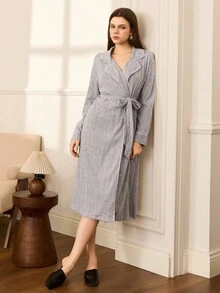 女式休闲优雅撞色翻领拉绒长袍，秋季 - 灰色 - 查看 3