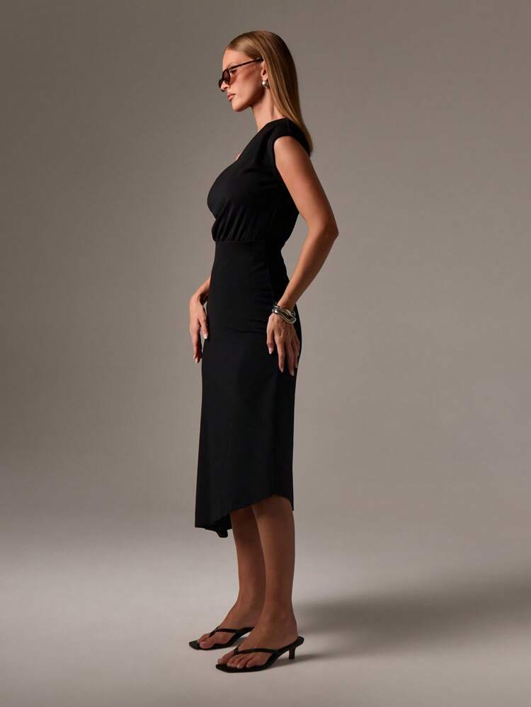 One Shoulder Asymmetrical Midi Dress With Draped Detail