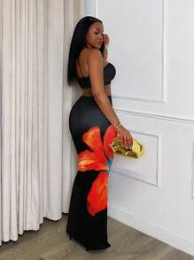 Slaydiva 2 件装 2025 新款夏季海滩度假日常性感短款抹胸 + 花卉印花裙女式套装 - 彩色 - 查看 2