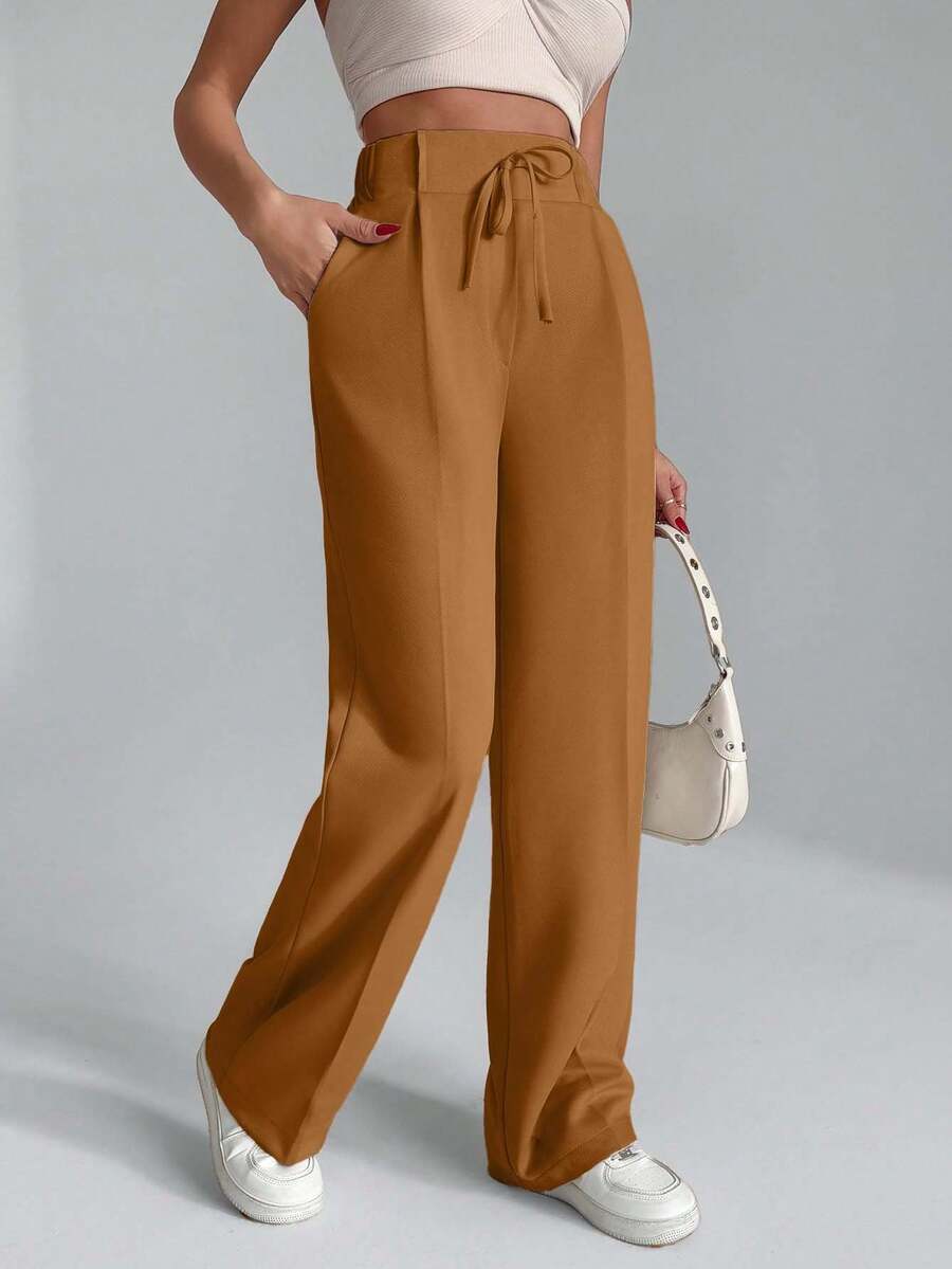 EURMUSE Women Solid Color Wide Leg Tie Front Detailed Pants - Camel - View 1