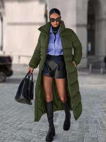 EURMUSE Zip Up Drawstring Waist Long Padded Coat - Hijau Tentara - View 5