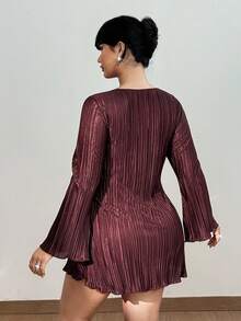 Viva Relle 大码女式纯色深V领系带长袖性感超长连衣裙 - 棕色 - 查看 6