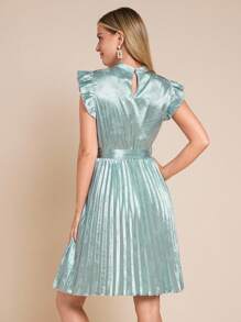 Amorya 女士新款时尚优雅束腰高端褶皱缎面提花中长连衣裙，适合度假、日常穿着、约会、下午茶和各种场合 - 藍色 - 查看 10