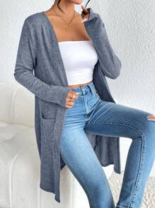 SHEIN Essnce 女式灰蓝色纯色针织开衫，常规长袖，秋冬宽松版型 - 霧霾藍 - 查看 4