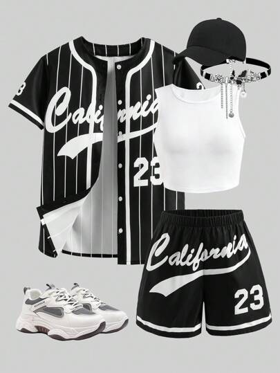 Sparklyn 女童黑色条纹复古字母印花宽松夹克、黄色修身吊带背心和黄色短裤