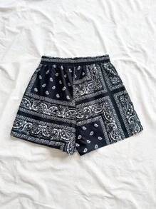 Soleia Paisley Print Drawstring Waist Shorts - Black and White - View 2