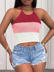 Slaydiva Nouveau Top tricoté à rayures multicolores style décontracté, de rue, sexy, pour sorties quotidiennes, vacances à la plage, croisière, anniversaire, avec bretelles ras-du-cou. Convient pour les femmes lors de concerts, vacances, etc. - Rose bonbon - Voir 5
