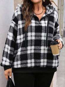 EMERY ROSE Plus Size Women's Fall Casual Fuzzy Plaid Hooded Thermal Zipper Neckline Sweatshirt With Pockets, Autumn/Winter, Going Out, 2025 New, Fall For Women, Plaid Sweatshirts For Women - Black and White - View 2