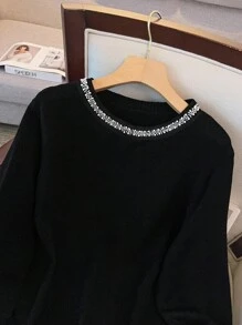 GlowEve CURVE 秋冬大码休闲串珠装饰圆领毛衣 - 黑色 - 查看 4
