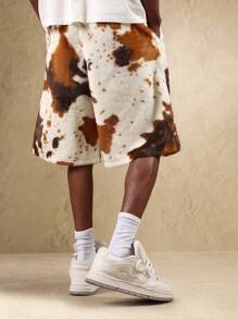 SUMWON 牛皮印花羊毛抽绳短裤毛皮图案阔腿街头风格节日休闲家居服超大宽松冬季裤 - 咖啡棕 - 查看 2