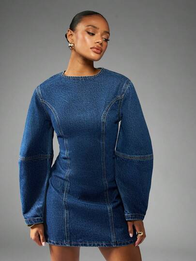 MISSGUIDED 牛仔迷你连衣裙，长款灯笼袖，修身腰部，结构化廓形，复古风格，完美秋冬装扮，街头时尚单品