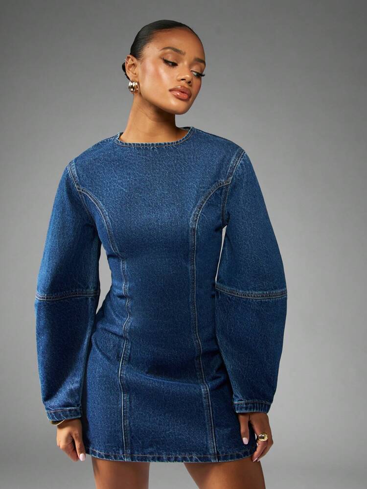 MISSGUIDED Denim Mini Dress Long Balloon Sleeves Fitted Waist Structured Silhouette Vintage Style Perfect Fall Winter Outfit Street Fashion Statement Piece