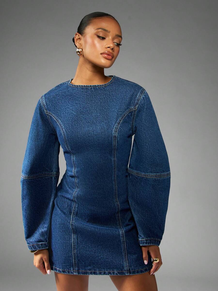 MISSGUIDED Denim Mini Dress Long Balloon Sleeves Fitted Waist Structured Silhouette Vintage Style Perfect Fall Winter Outfit Street Fashion Statement Piece - Blue - View 1