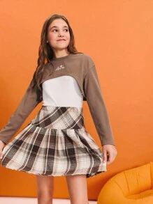 SHEIN Tween Girl Round Neck Long Sleeve Sweatshirt + Camisole + Plaid Mini Skirt Set - Coffee Brown - View 5