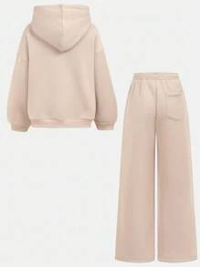 SHEIN Serisse Kids 2 件套 Tween 女童卡其色加厚连帽运动衫和裤子，女童秋冬休闲运动装 - 卡其色 - 查看 3