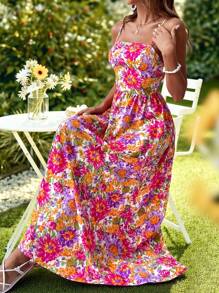 KARISMINA Vestido De Tirantes Con Estampado Floral Y Ajustado A La Cintura Para Mujeres - Rosa Fucsia - Ver 4