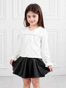 Set de 2 piezas de camisa casual de unicolor tejida y minifalda PU para niña joven - Blanco - Ver 5