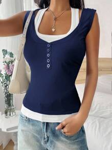 Chiquease Summer Casual Colorblock 2 In 1 Top Clothes For University - Blue - View 4