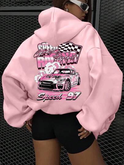 SHEIN EZwear Casual Loose Fit Pullover Hoodie For Women, Pink With Car Racing Graphic Print,Long Sleeve Tops Back To School Fall And Winter Clothing