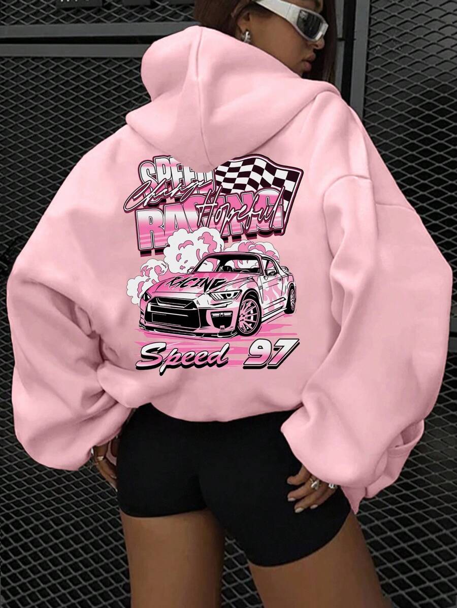 SHEIN EZwear Felpa con cappuccio casual e morbida da donna, rosa con stampa grafica da corsa, manica lunga - Rosa Baby - Visualizzare 1