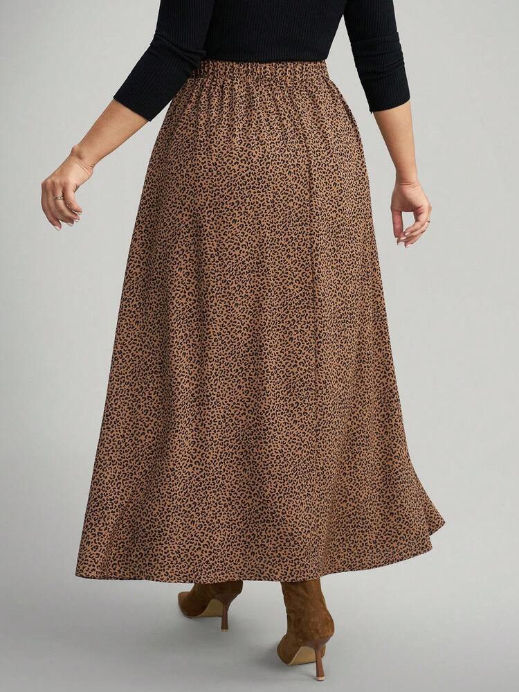 Comfylo Summer Plus Size Women's Small Leopard Print Long Skirt With Center Front Button Decoration,Summer Brown Skirt Fall Winter Office - Multicolor - View 6