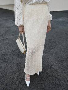 Uhlyne Chân váy suông xẻ tà họa tiết hoa 3D màu mơ thanh lịch dành cho nữ - Màu be - Xem 2