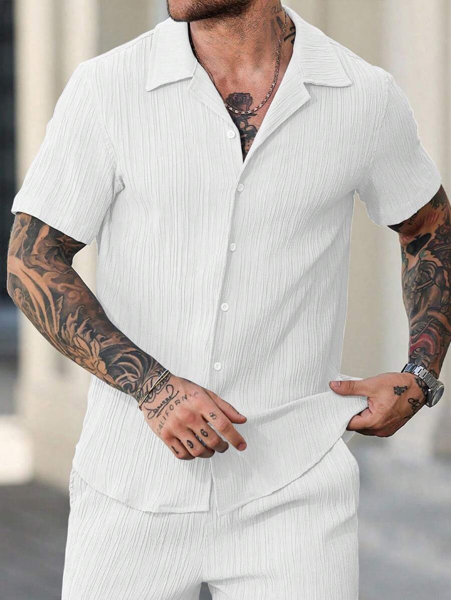 Manfinity RSRT 休闲时尚百搭纯色短袖男士衬衫，夏季 - 白色 - 查看 1