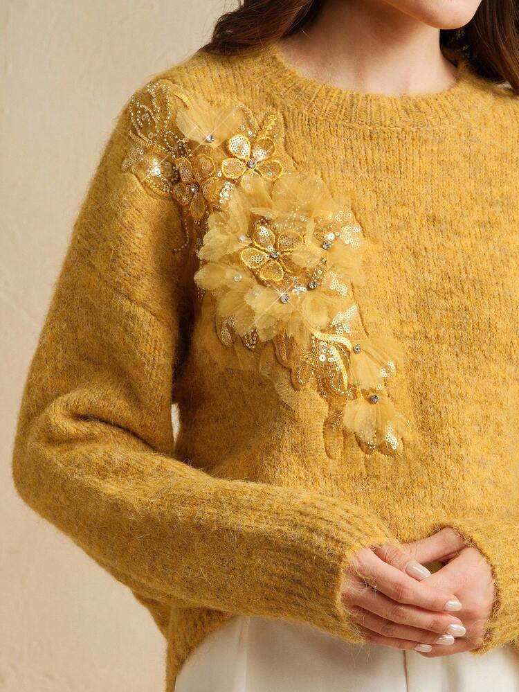 Elegant Solid Color Knitted High-Density Sequin 3D Floral Casual Crew Neck Women Knit Pullover, Suitable For Autumn, Winter, Going Out, Formal, Party, Fashionable, New Year, Christmas, Work, Graduation, Wedding