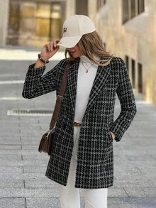 SHEIN Clasi 女士格子翻领长袖口袋休闲外套，女士冬季外套，冬季服装 - 黑色 - 查看 8