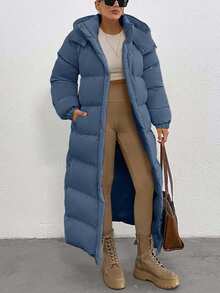 EURMUSE Keep Warm Feature, Maxi Lenght, Side Popper Detailed Puffer Winter Coat - Blue - View 1