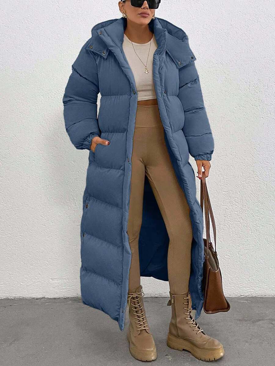 EURMUSE Keep Warm Feature, Maxi Lenght, Side Popper Detailed Puffer Winter Coat - Blue - View 1