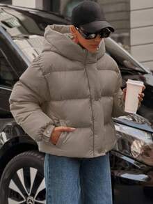 EURMUSE 女士冬季连帽口袋夹克，格子编织时尚纯色高街外套，温暖厚实 - 米色 - 查看 5