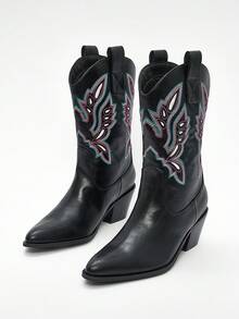 Solezae Glamorous Western Style Cowboy Mid-Calf Black Point Toe Country Rodeo Holiday Fun Fashion Shoe - Black - View 7