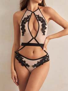 SHEIN 优雅浪漫法式3D花卉透视网眼拼接性感女式紧身衣 - 黑色 - 查看 5