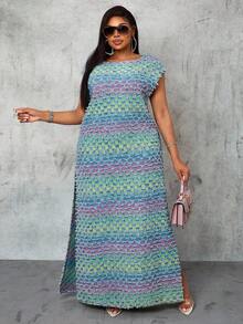 Slaydiva Plus Size Cowgirl Outfit Colorful Non-Stretch Sexy Fashion High Slit Dress, Rodeo Outfits For Women Old Money Elegant Outfit Iridescent Maxi Dress Autumn