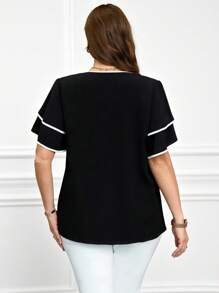 Miaspire Plus Size Solid Color Patchwork Short Sleeve Hollow Simple Casual Shirt,Suitable For Summer,Country Clothes Women,Summer Outfits For Women,Western Wear Women Tunic Top