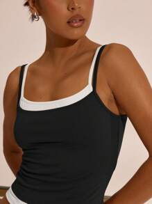 MUSERA 双层吊带方领吊带背心，度假波西米亚风，伊比沙岛风，优雅可爱，适合秋季、假日、派对、春夏穿着。 - 黑色 - 查看 3