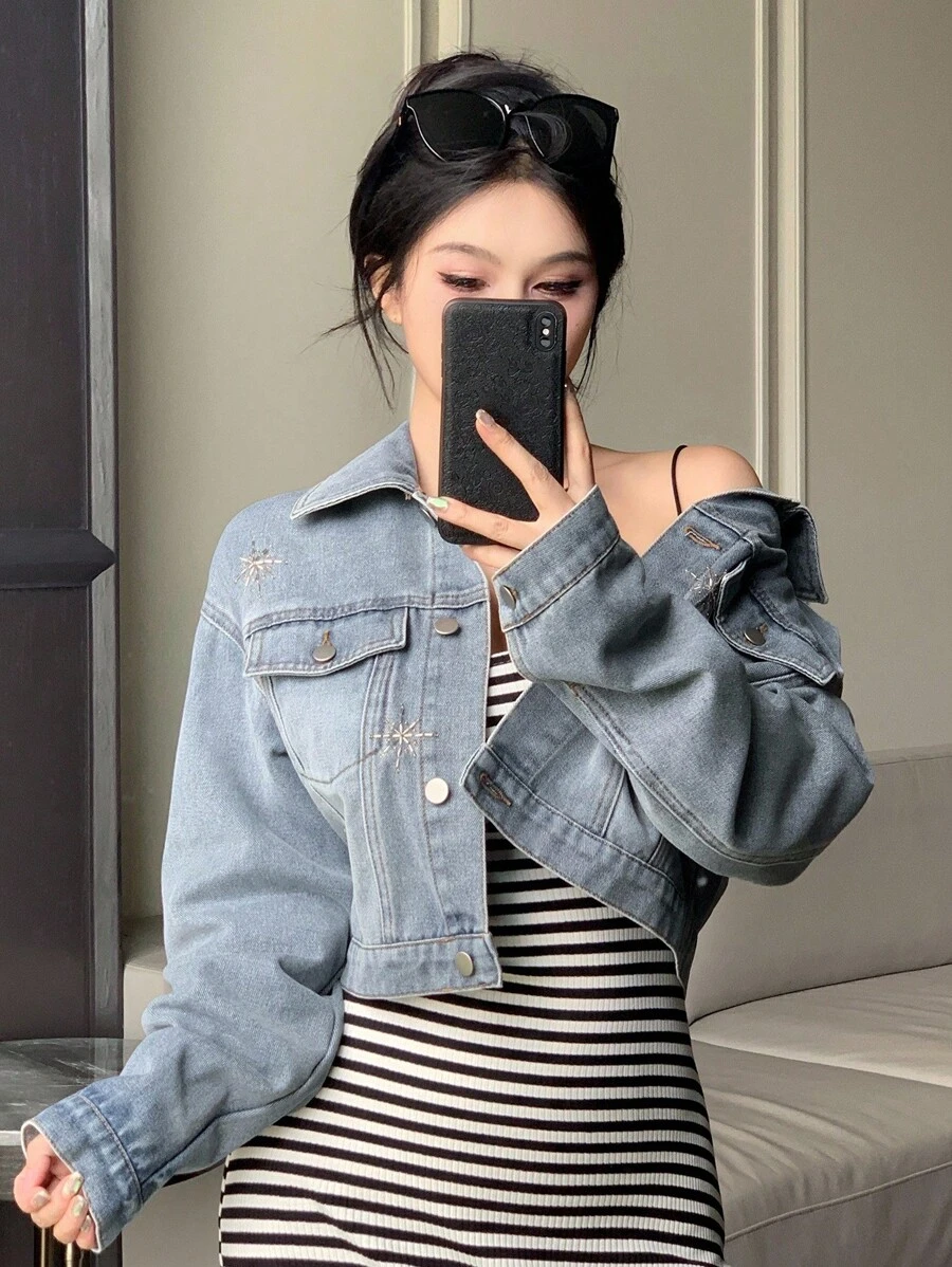 DAZY 女式落肩长袖休闲宽松牛仔夹克，秋季女装 - 淺色水洗藍 - 查看 1