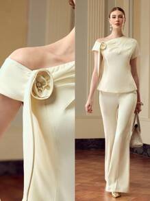 ZEYLAH Blouse élégante et ajustée avec décor floral 3D minimaliste de couleur unie pour femme