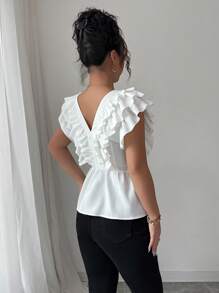 Elenzga 女式夏季优雅V领双荷叶边下摆收腰衬衫