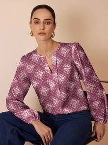 Shutterstock Glamance Camisa casual y de oficina con estampado total, adecuada para primavera y otoño, blusas estampadas para mujer - Burdeos - Ver 3