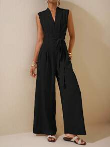 Zivah 2025春夏新款杏色无袖不对称褶饰腰带纹理亚麻连体裤-B - 黑色 - 查看 7