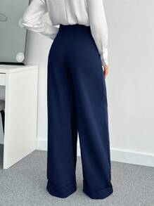SHEIN Tall 女款純色高腰寬腿長褲，適合高個女性 - 藏蓝色 - 查看 2