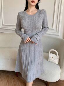 Modelyn 女士休闲通勤纯色扭腰针织连衣裙 - 淺灰色 - 查看 7