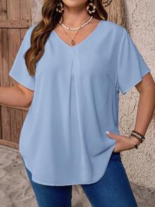 EMERY ROSE 大码V领褶皱夏季短袖休闲纯色上衣，乡村休闲度假风女装，简约时尚，适合日常穿着，夏季女装上衣，夏季女装 - 藍色 - 查看 1